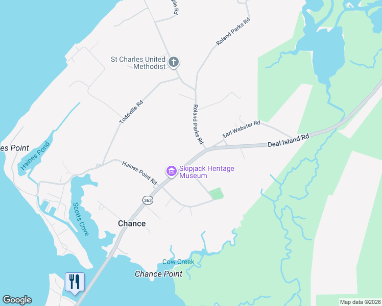 map of restaurants, bars, coffee shops, grocery stores, and more near 23594 Deal Island Road in Deal Island Historic District