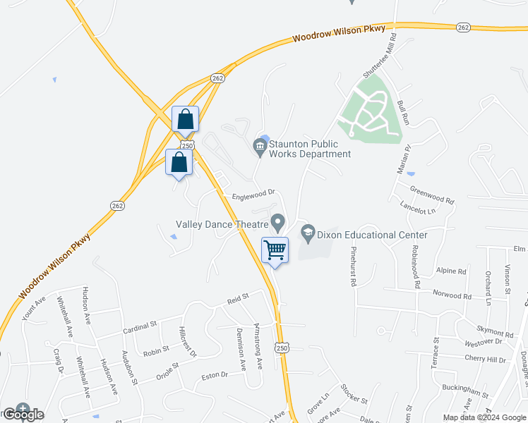 map of restaurants, bars, coffee shops, grocery stores, and more near 1746 Englewood Drive in Staunton