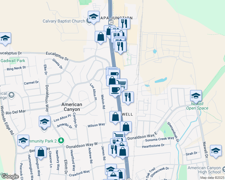map of restaurants, bars, coffee shops, grocery stores, and more near 3885 Broadway in American Canyon