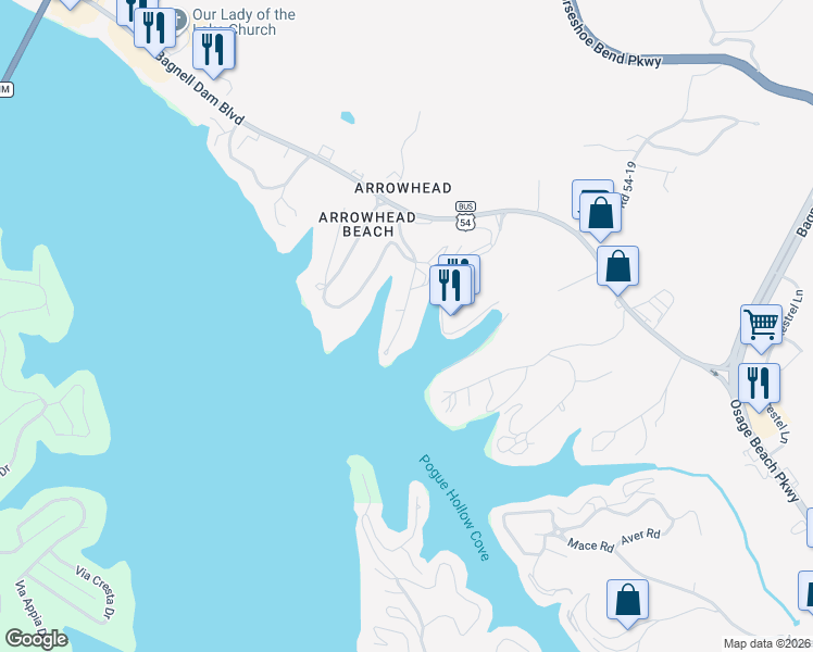 map of restaurants, bars, coffee shops, grocery stores, and more near 79-99 Arrowhead Beach Club Road in Lake Ozark