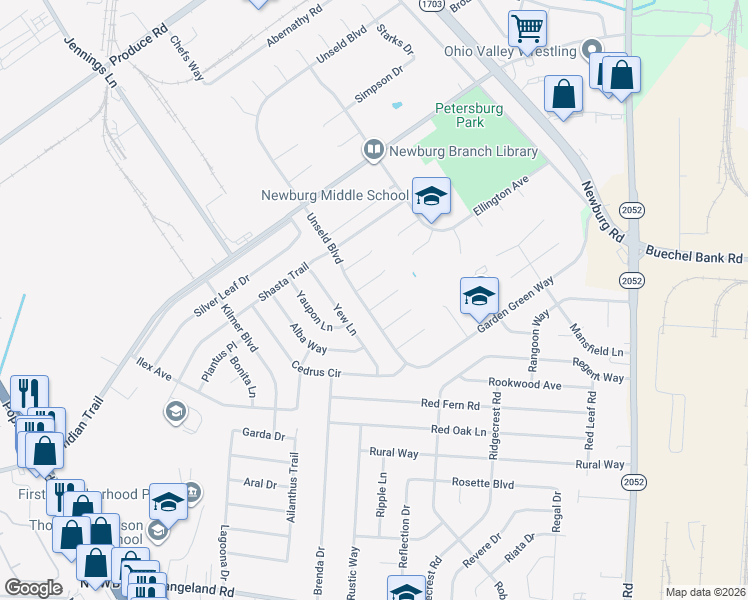 map of restaurants, bars, coffee shops, grocery stores, and more near 4926 Unseld Boulevard in Louisville
