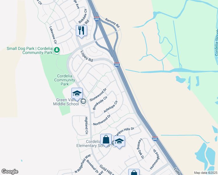 map of restaurants, bars, coffee shops, grocery stores, and more near 4733 Stonewood Drive in Fairfield