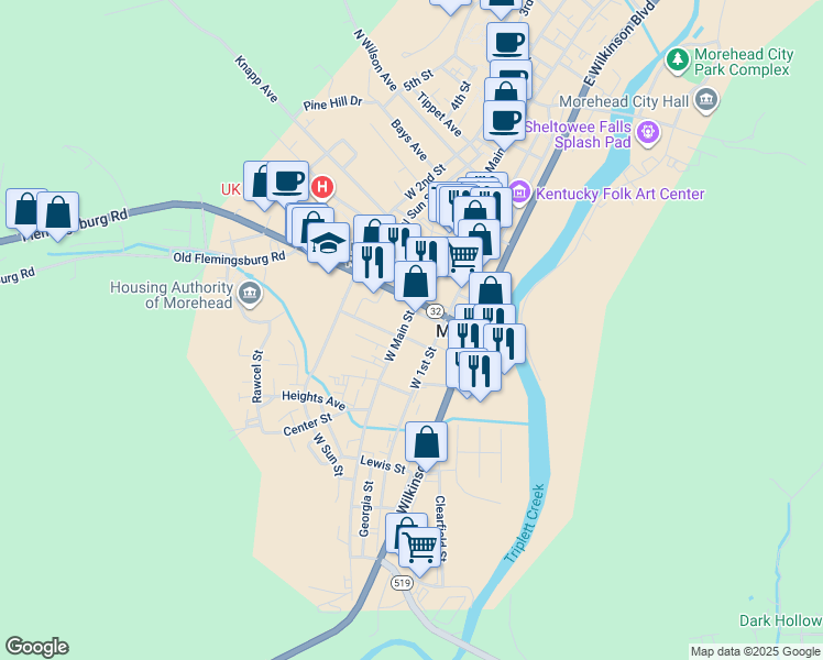 map of restaurants, bars, coffee shops, grocery stores, and more near 142 South Blair Street in Morehead