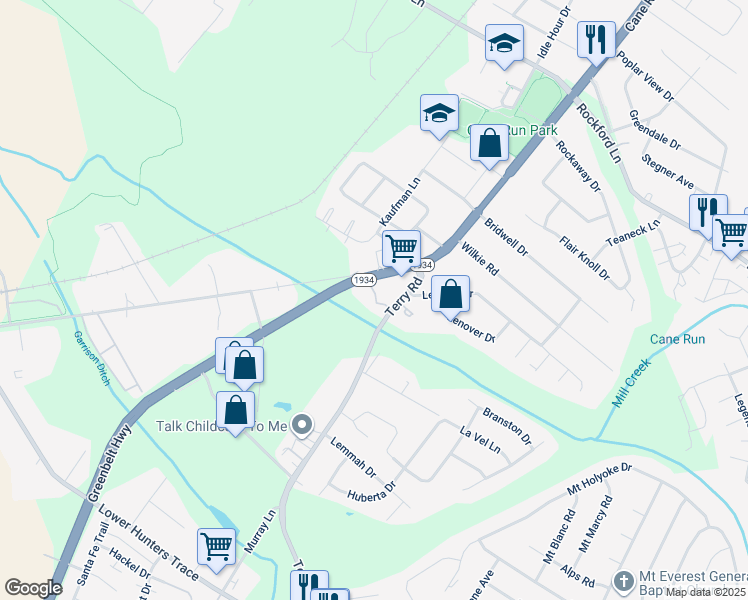 map of restaurants, bars, coffee shops, grocery stores, and more near 5800 Lions Arms Drive in Louisville