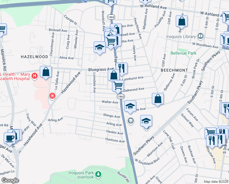 map of restaurants, bars, coffee shops, grocery stores, and more near 1318 Oakwood Avenue in Louisville