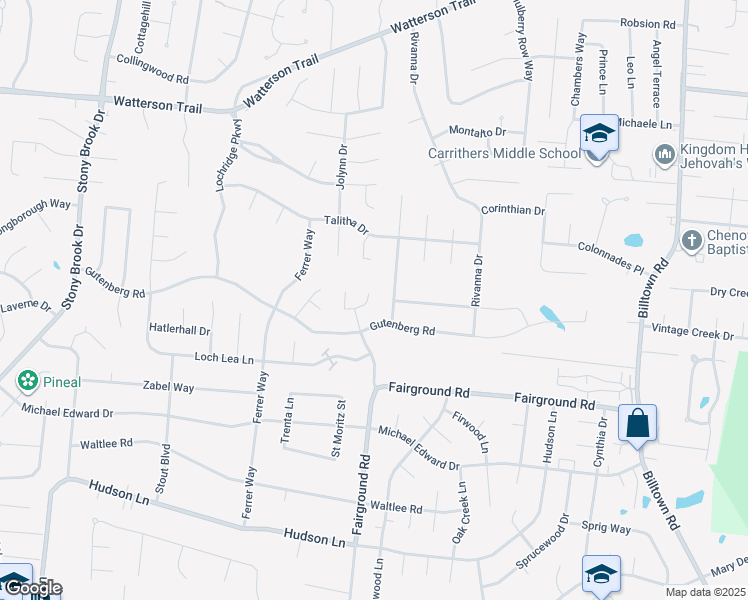 map of restaurants, bars, coffee shops, grocery stores, and more near 9322 Villa Fair Court in Louisville