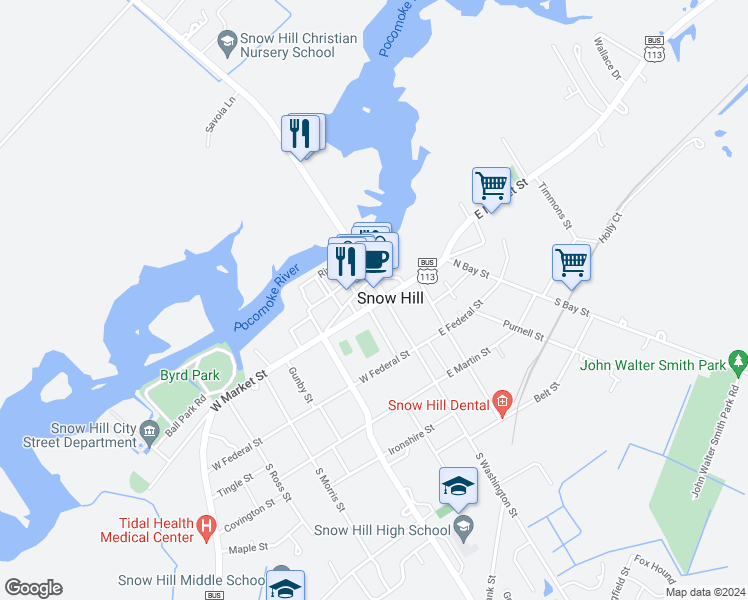 map of restaurants, bars, coffee shops, grocery stores, and more near in Snow Hill