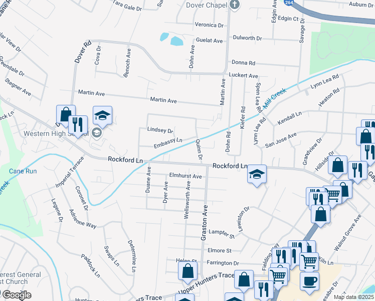 map of restaurants, bars, coffee shops, grocery stores, and more near 2301 Rockford Lane in Louisville