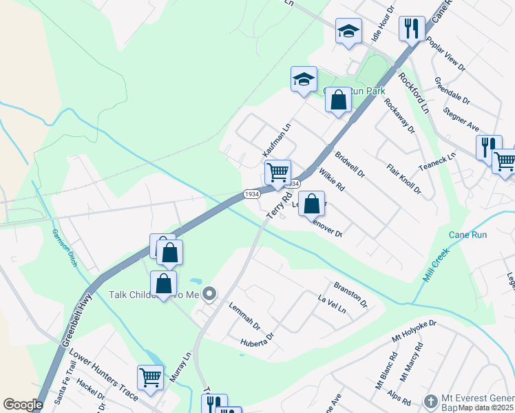 map of restaurants, bars, coffee shops, grocery stores, and more near 5800 Lions Arms Drive in Louisville