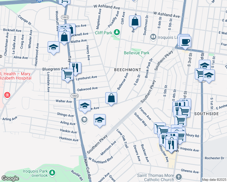 map of restaurants, bars, coffee shops, grocery stores, and more near 1001 Walter Avenue in Louisville