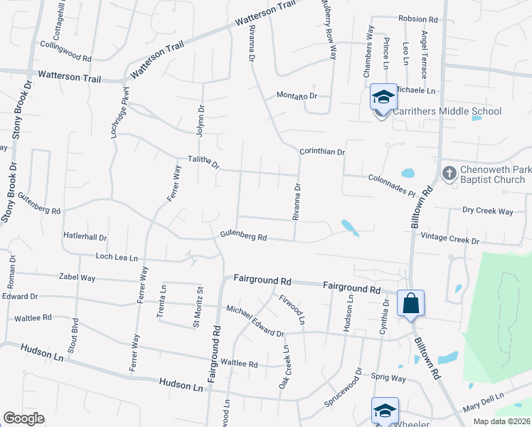 map of restaurants, bars, coffee shops, grocery stores, and more near 9504 Dabney Carr Drive in Louisville