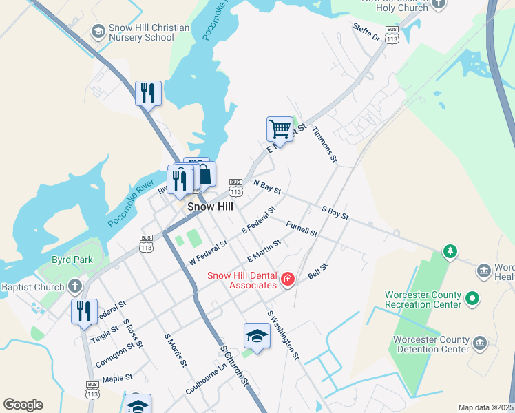 map of restaurants, bars, coffee shops, grocery stores, and more near 204 Walnut Street in Snow Hill