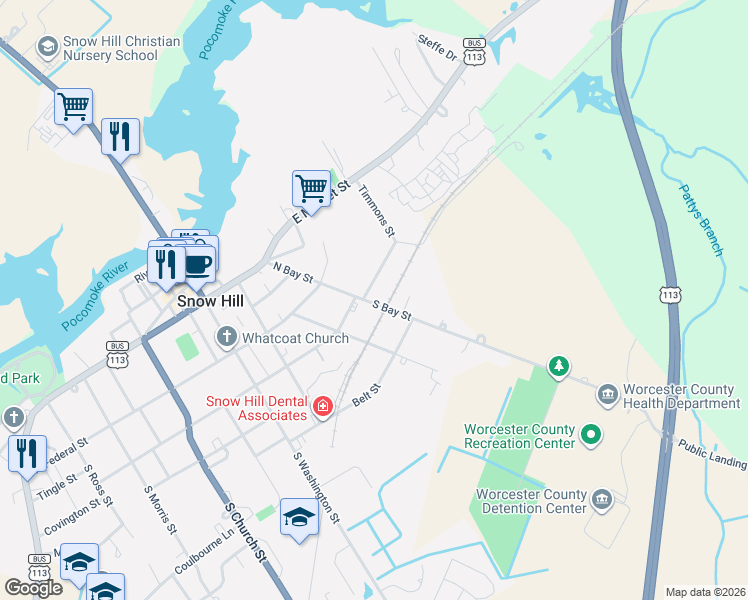 map of restaurants, bars, coffee shops, grocery stores, and more near 203 South Bay Street in Snow Hill