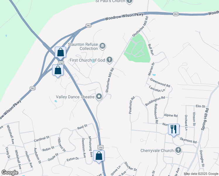map of restaurants, bars, coffee shops, grocery stores, and more near 1771 Shutterlee Mill Road in Staunton