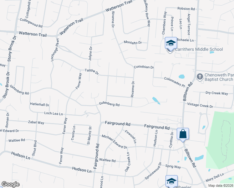 map of restaurants, bars, coffee shops, grocery stores, and more near 9504 Dabney Carr Drive in Louisville