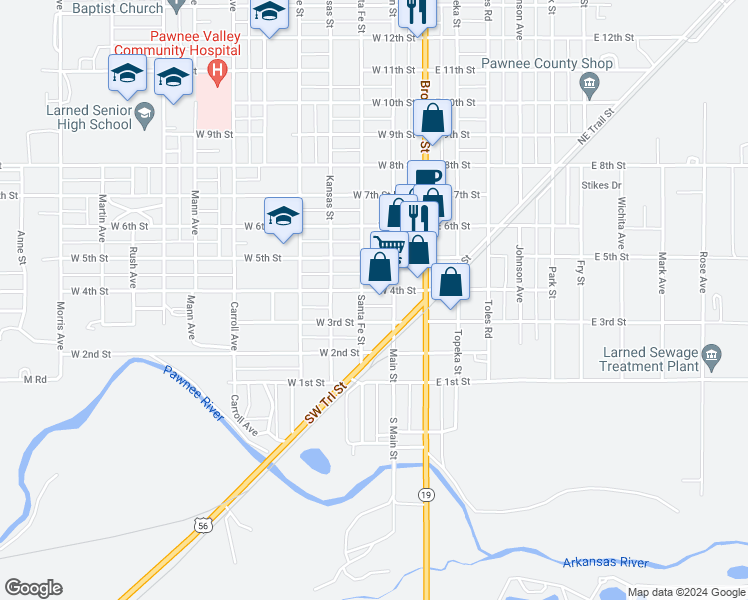 map of restaurants, bars, coffee shops, grocery stores, and more near West 3rd Street in Larned