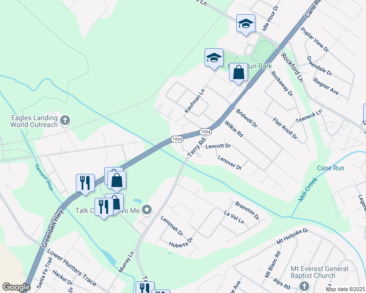 map of restaurants, bars, coffee shops, grocery stores, and more near Lions Arms Drive in Louisville