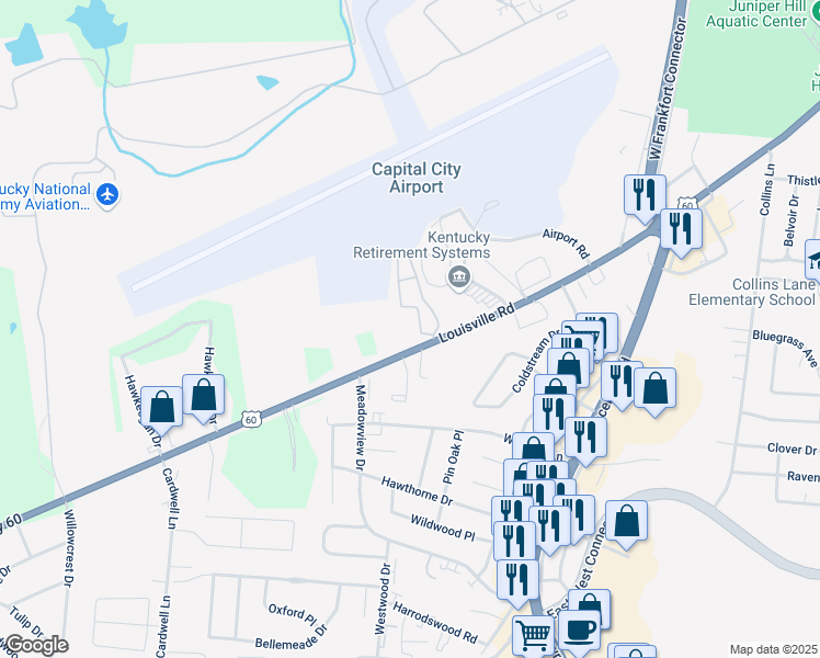 map of restaurants, bars, coffee shops, grocery stores, and more near 1328 Louisville Road in Frankfort