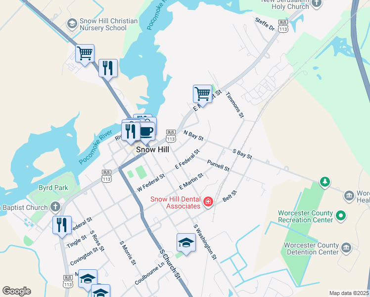 map of restaurants, bars, coffee shops, grocery stores, and more near 204 Walnut Street in Snow Hill
