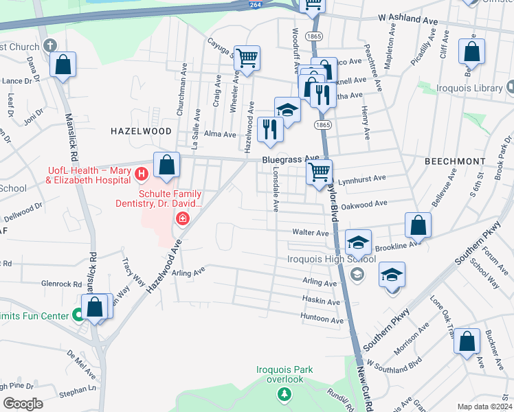 map of restaurants, bars, coffee shops, grocery stores, and more near 1477 Oakwood Avenue in Louisville