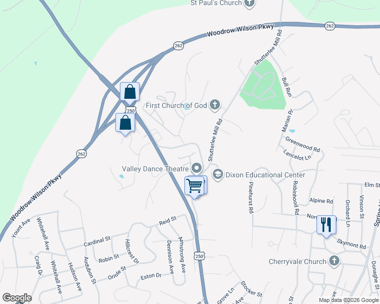 map of restaurants, bars, coffee shops, grocery stores, and more near 1746 Englewood Drive in Staunton