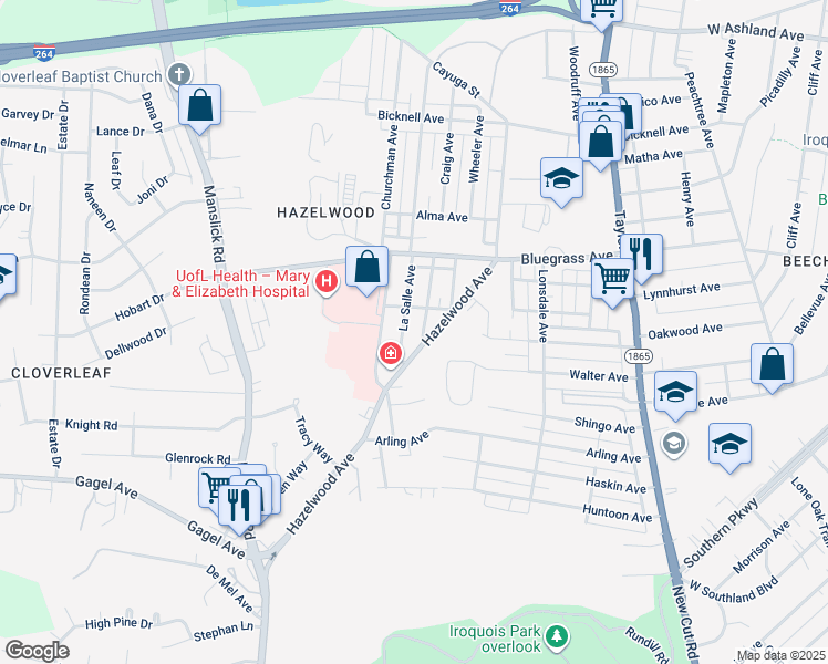 map of restaurants, bars, coffee shops, grocery stores, and more near 4505 Hazelwood Avenue in Louisville