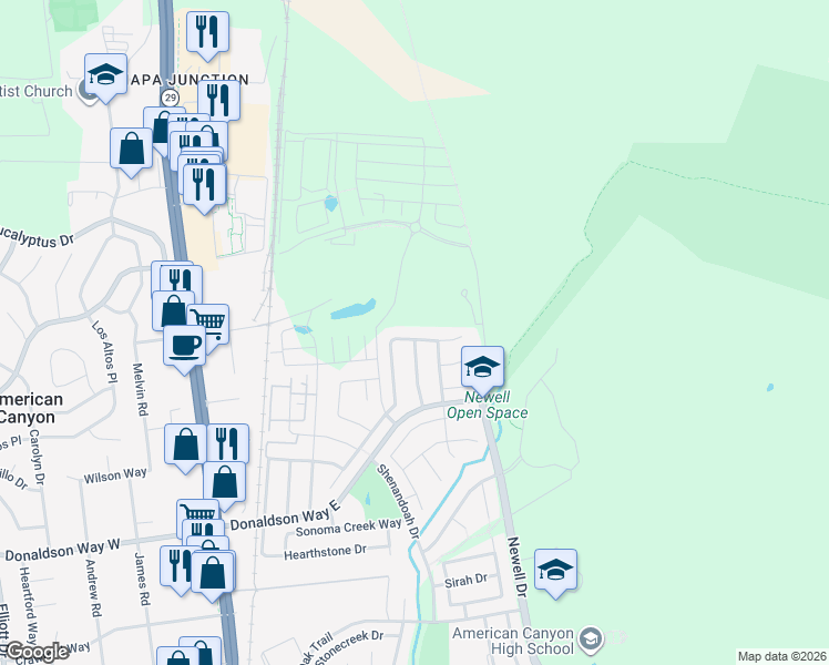 map of restaurants, bars, coffee shops, grocery stores, and more near 275 Cantada Way in American Canyon