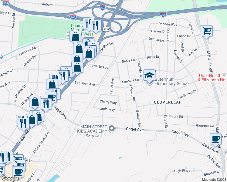 map of restaurants, bars, coffee shops, grocery stores, and more near 4503 Louane Way in Louisville