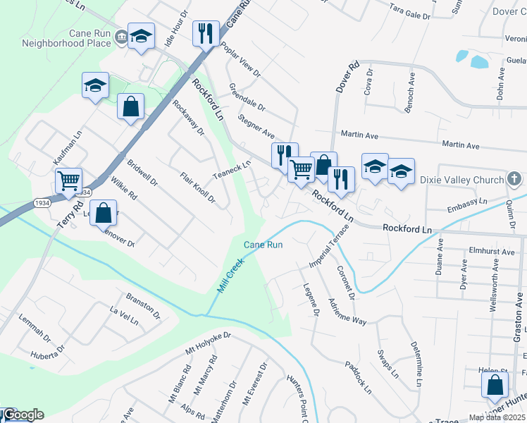 map of restaurants, bars, coffee shops, grocery stores, and more near 4905 Saddlebrook Court in Shively