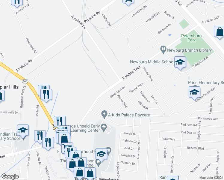 map of restaurants, bars, coffee shops, grocery stores, and more near 5100 Kilmer Boulevard in Louisville