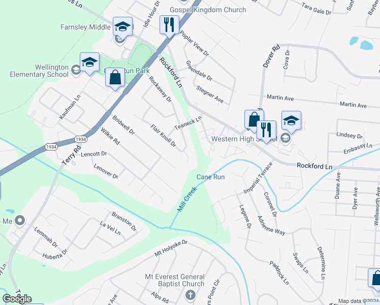 map of restaurants, bars, coffee shops, grocery stores, and more near 2907 Flair Knoll Court in Louisville