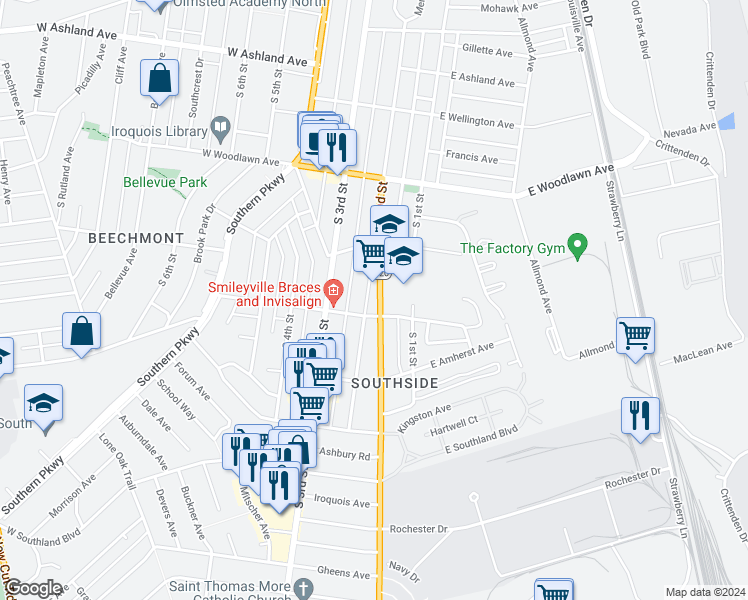 map of restaurants, bars, coffee shops, grocery stores, and more near 4840 Southside Drive in Louisville