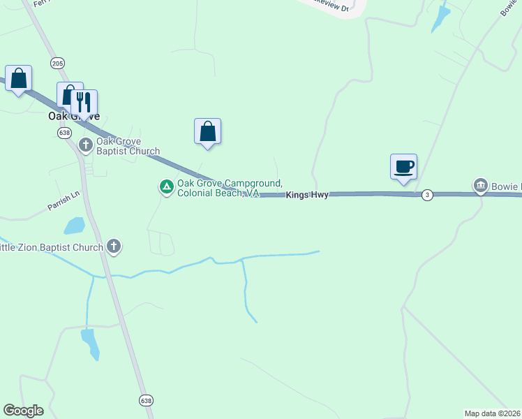 map of restaurants, bars, coffee shops, grocery stores, and more near 3638 Kings Highway in Colonial Beach