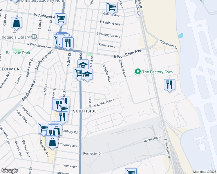 map of restaurants, bars, coffee shops, grocery stores, and more near 546 Douglas Park in Louisville