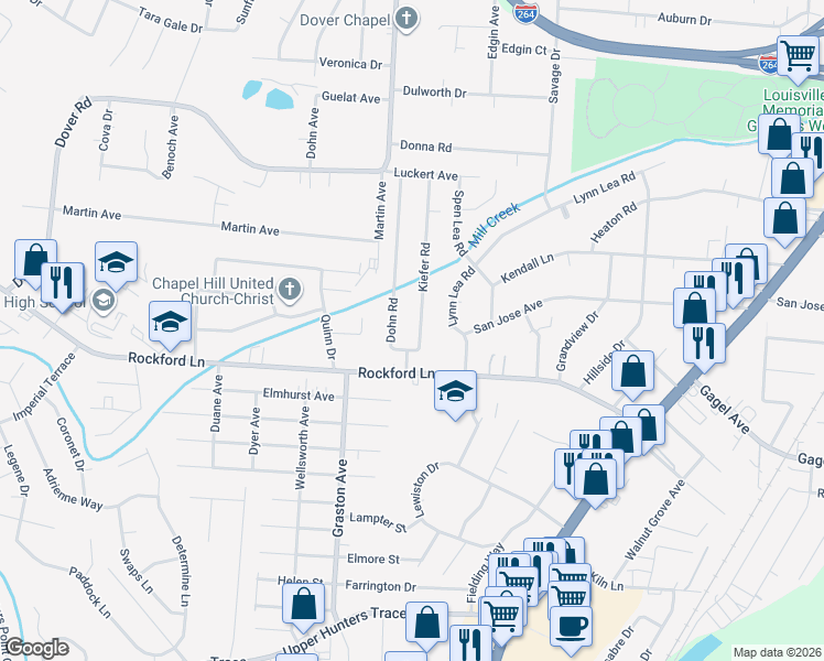 map of restaurants, bars, coffee shops, grocery stores, and more near 4707 Dohn Road in Louisville