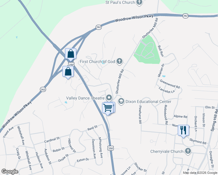 map of restaurants, bars, coffee shops, grocery stores, and more near 1746 Englewood Drive in Staunton