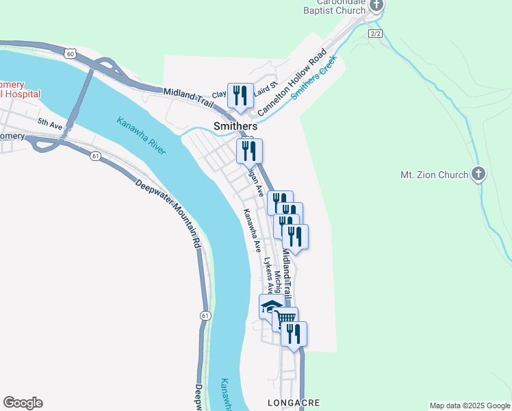 map of restaurants, bars, coffee shops, grocery stores, and more near 32 Spruce Street in Smithers