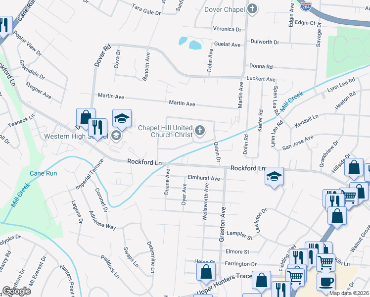 map of restaurants, bars, coffee shops, grocery stores, and more near 2324 Lindsey Drive in Louisville