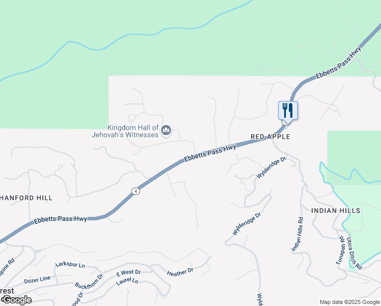 map of restaurants, bars, coffee shops, grocery stores, and more near 4597 Meadow View Road in Murphys