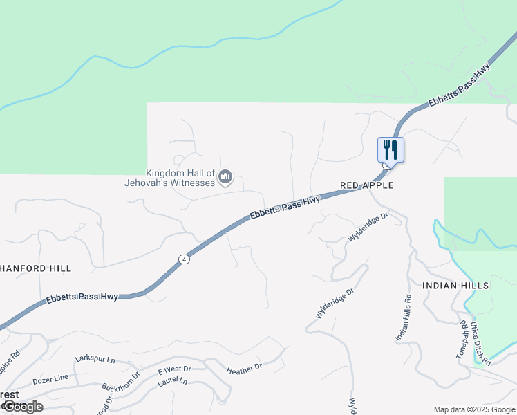 map of restaurants, bars, coffee shops, grocery stores, and more near 4597 Meadow View Road in Murphys