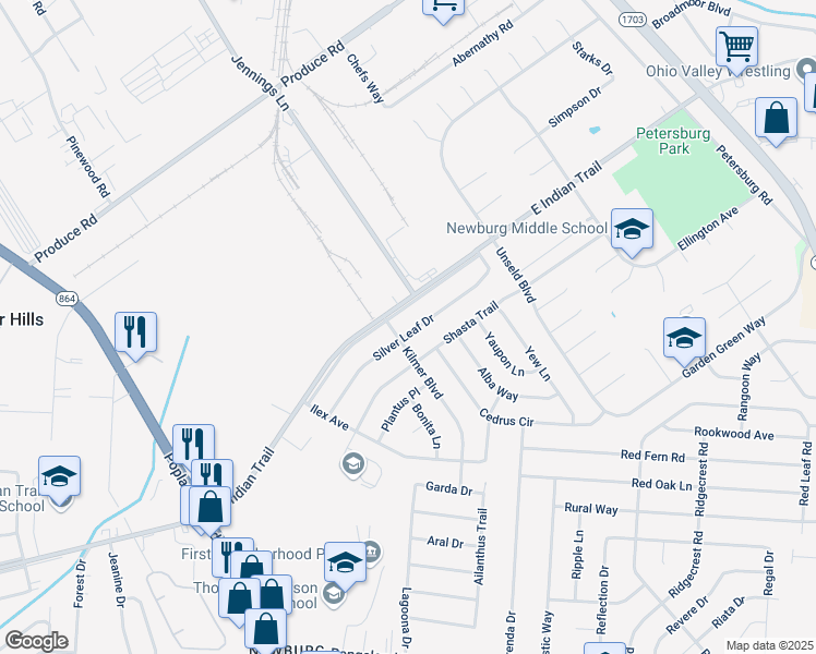 map of restaurants, bars, coffee shops, grocery stores, and more near 4503 Silver Leaf Drive in Louisville