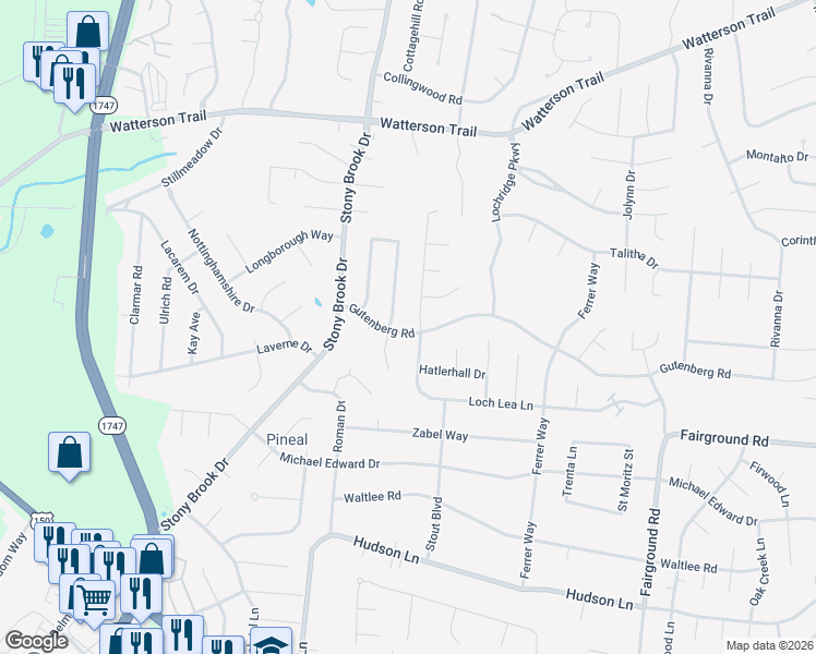 map of restaurants, bars, coffee shops, grocery stores, and more near 4619 Haeringdon Drive in Louisville