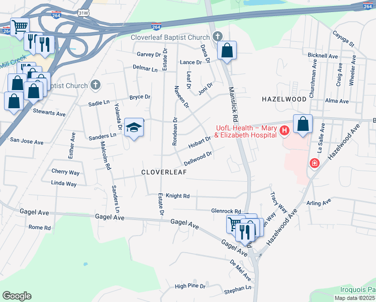 map of restaurants, bars, coffee shops, grocery stores, and more near 1436 Hobart Drive in Louisville