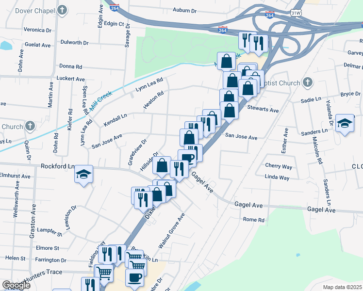 map of restaurants, bars, coffee shops, grocery stores, and more near 1844 San Jose Avenue in Louisville