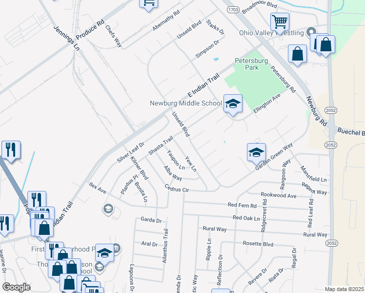 map of restaurants, bars, coffee shops, grocery stores, and more near 5013 Yew Lane in Louisville