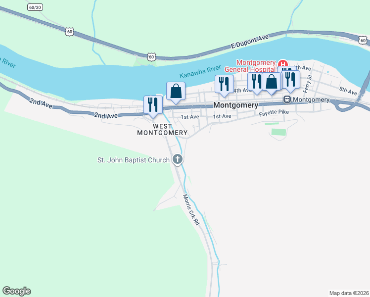 map of restaurants, bars, coffee shops, grocery stores, and more near County Route 61/6 in Montgomery