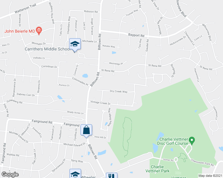 map of restaurants, bars, coffee shops, grocery stores, and more near 10611 Dry Creek Way in Louisville