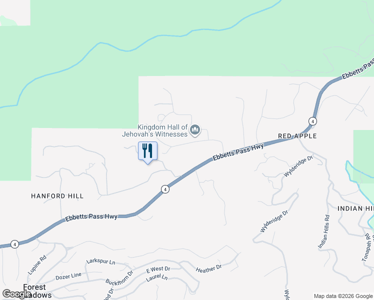 map of restaurants, bars, coffee shops, grocery stores, and more near 4302 Meadow View Road in Murphys