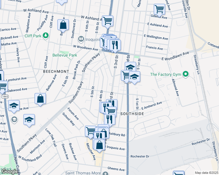 map of restaurants, bars, coffee shops, grocery stores, and more near 4802 South 3rd Street in Louisville