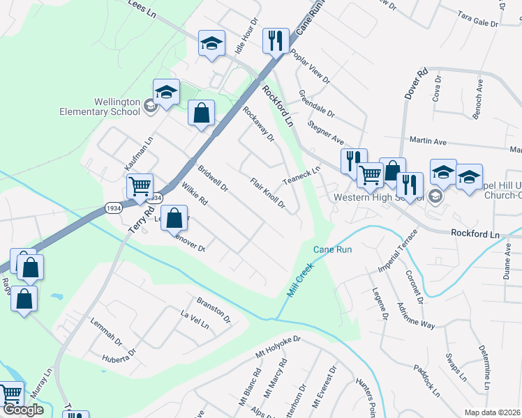 map of restaurants, bars, coffee shops, grocery stores, and more near 3123 Bridwell Drive in Louisville